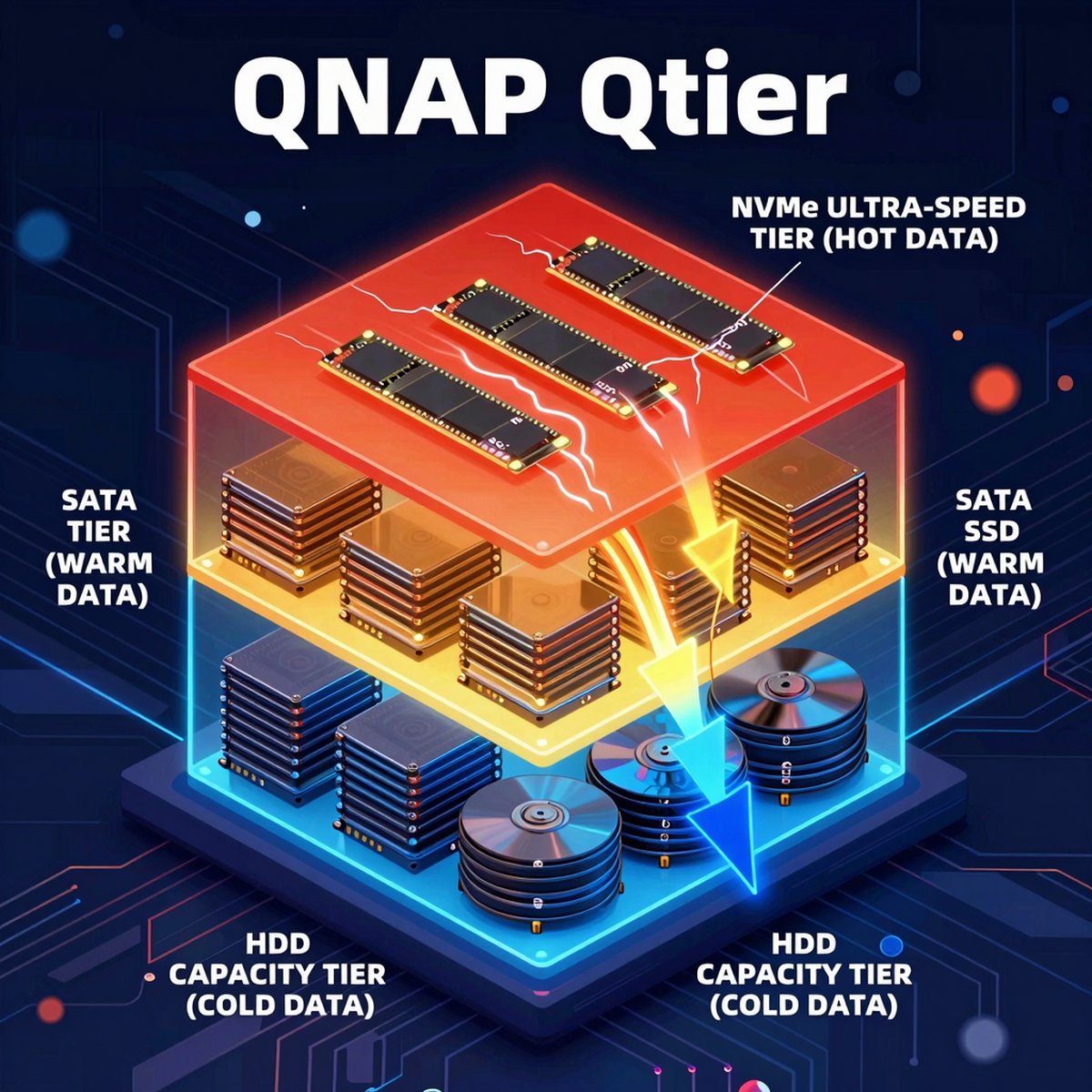 Qtier 資料分層，NVMe + SATA SSD + HDD「三層混合儲存」構築效能與容量平衡