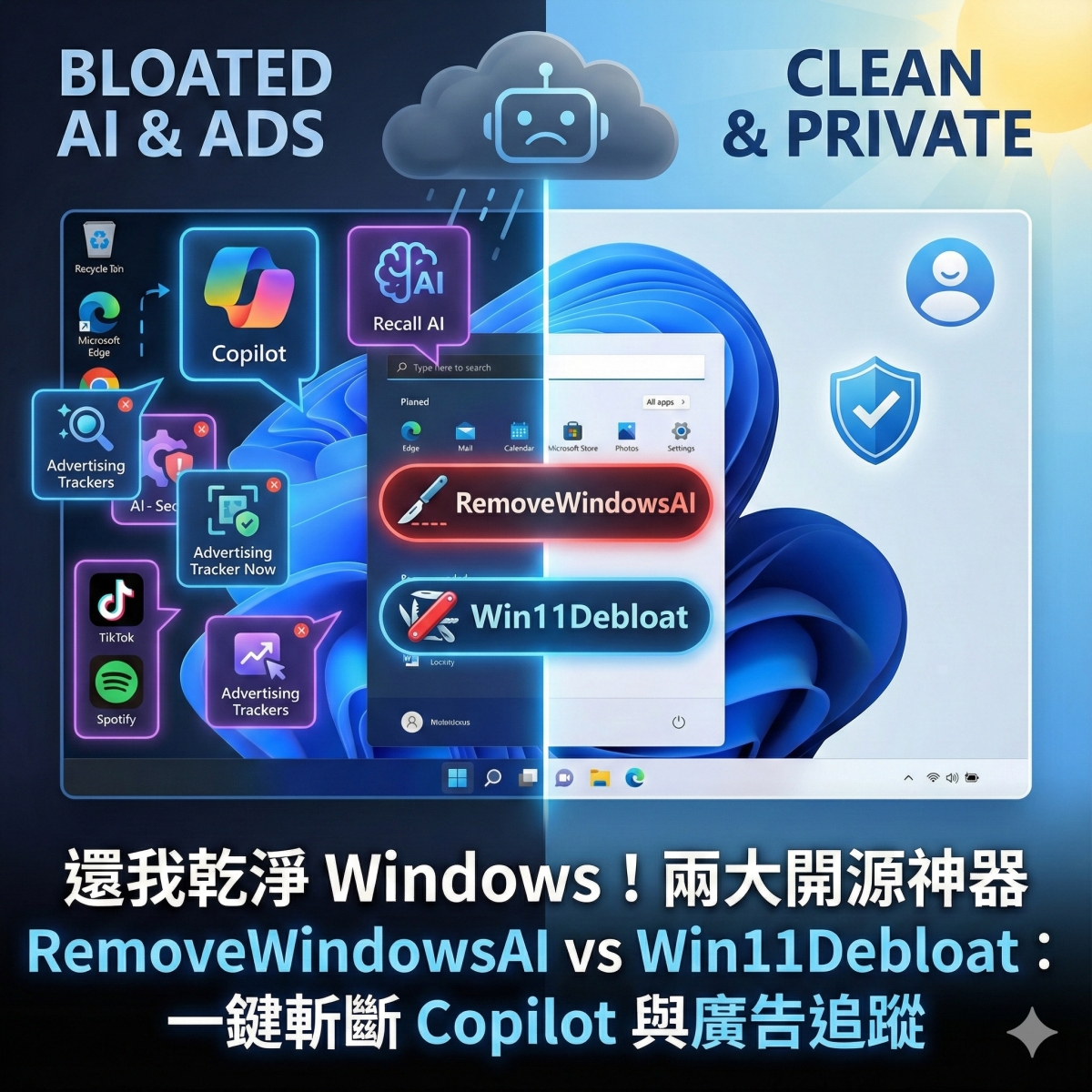 還我乾淨 Windows!兩大開源神器 RemoveWindowsAI vs Win11Debloat:一鍵斬斷 Copilot 與廣告追蹤