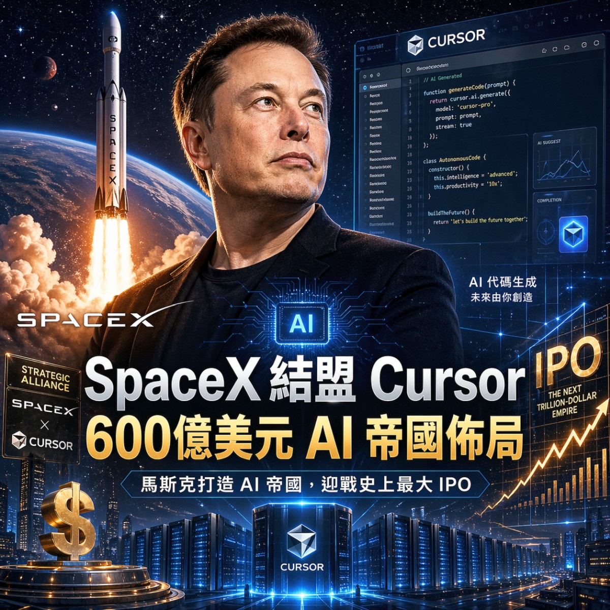 SpaceX 砸 600 億美元震撼結盟 Cursor？馬斯克為史上最大 IPO 圈錢佈局