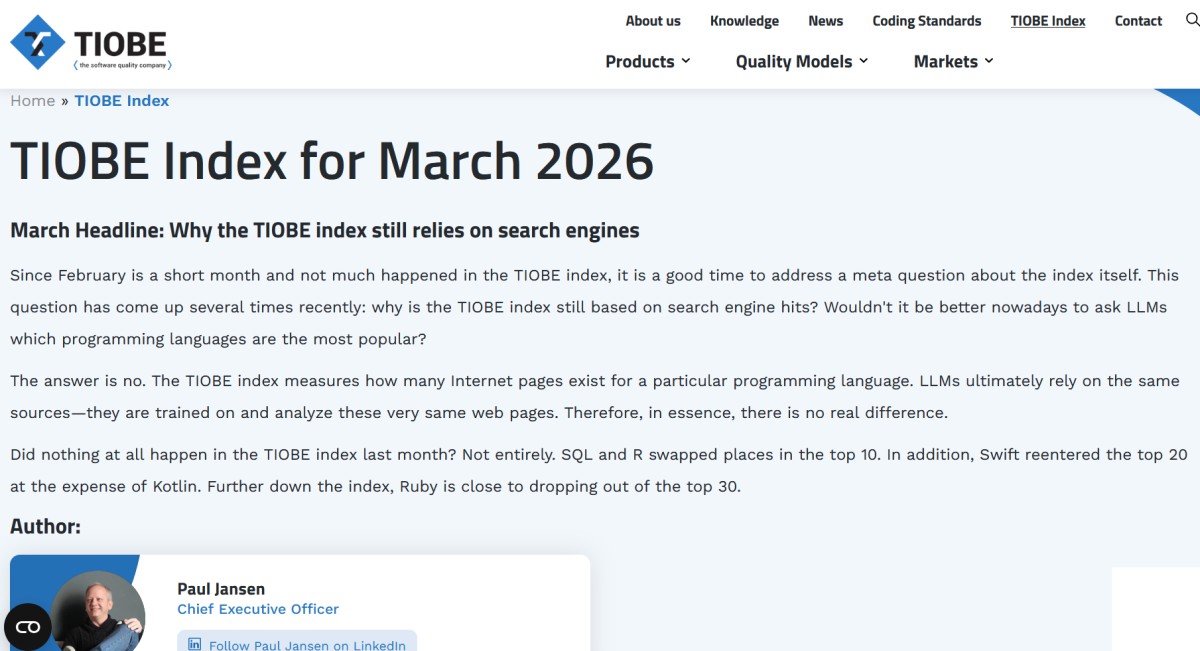 TIOBE 程式語言排行榜解析:Python 穩居王座、Java 探底,AI 時代下的技術版圖洗牌