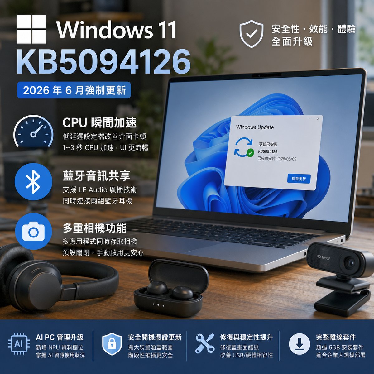 Windows 11 六月強制更新 KB5094126 改善 CPU 效能減少介面卡頓，藍牙音訊共享與多重相機功能全面實裝