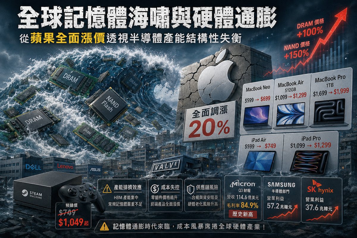 全球記憶體海嘯與硬體通膨：從蘋果全面漲價透視半導體產能結構性失衡