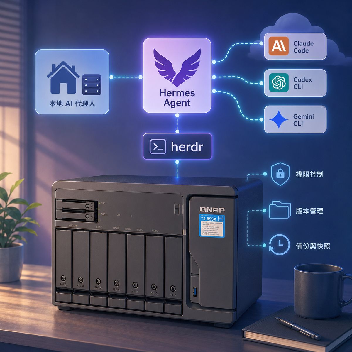 用 Herdr 整合 Hermes Agent 地端與雲端 AI 代理人 於 QNAP NAS 架構上