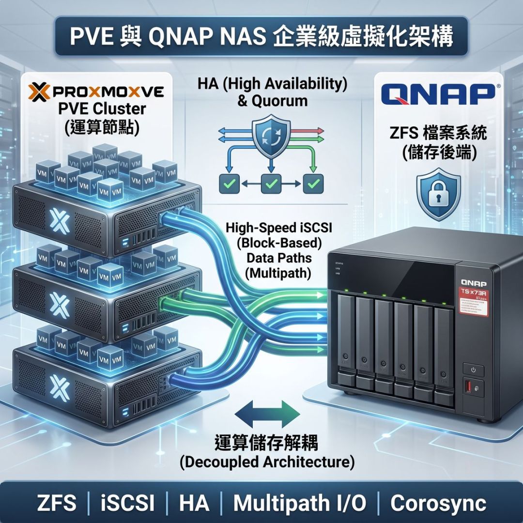 PVE 與 QNAP NAS 打造企業級虛擬化架構 + ZFS、iSCSI 與 HA 高可用性