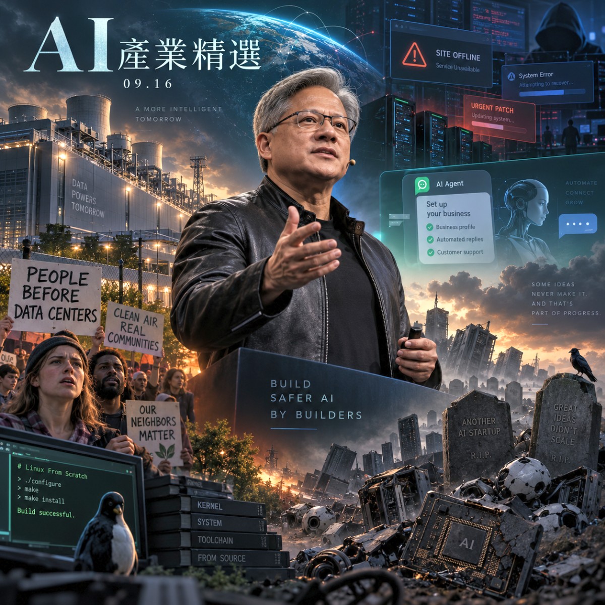 黃仁勳籲 AI 監管放手讓業者自理｜費城抗議資料中心擴建｜AI墳場揭失敗清單｜產業精選 09.16