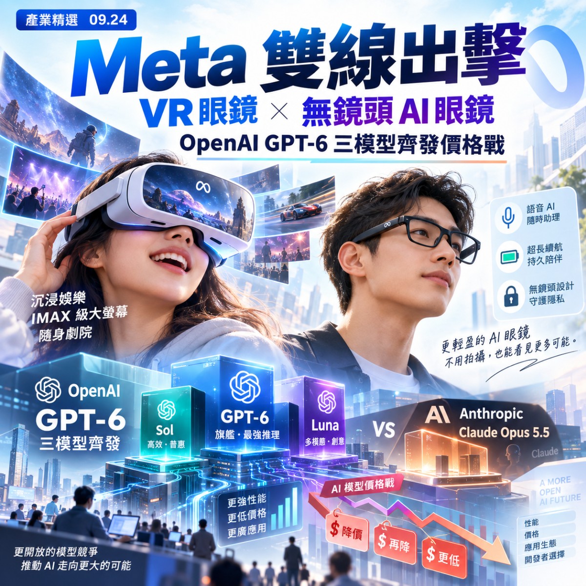 Meta 雙線出擊 VR 眼鏡與無鏡頭 AI 眼鏡|OpenAI GPT-6 三模型齊發價格戰|產業精選 09.24