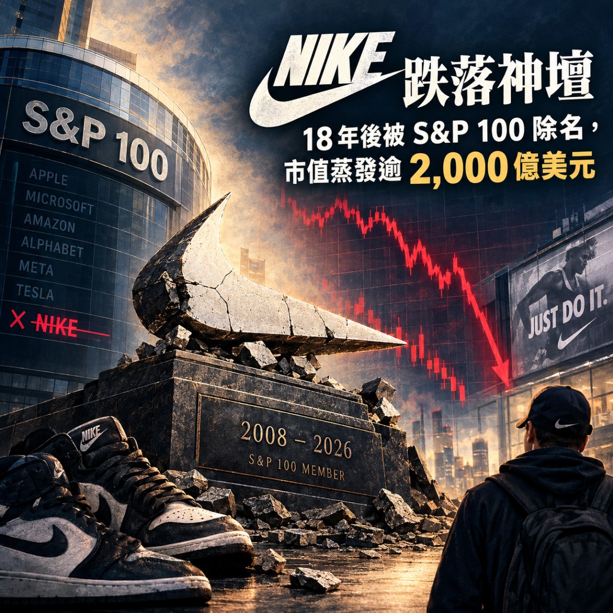 Nike 跌落神壇：18 年後被 S&P 100 除名，市值蒸發逾 2,000 億美元