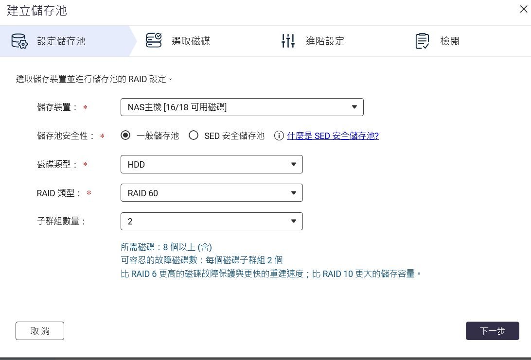建立儲存池，選擇 RAID 60 與兩個子群組