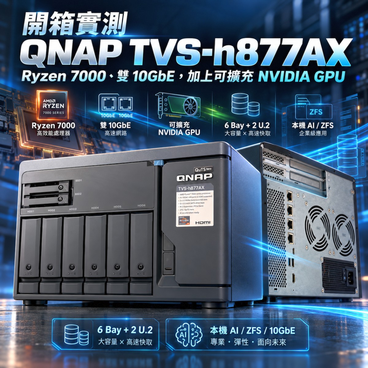 開箱實測 QNAP TVS-h877AX，Ryzen 7000、雙 10GbE 加上可擴充 NVIDIA GPU