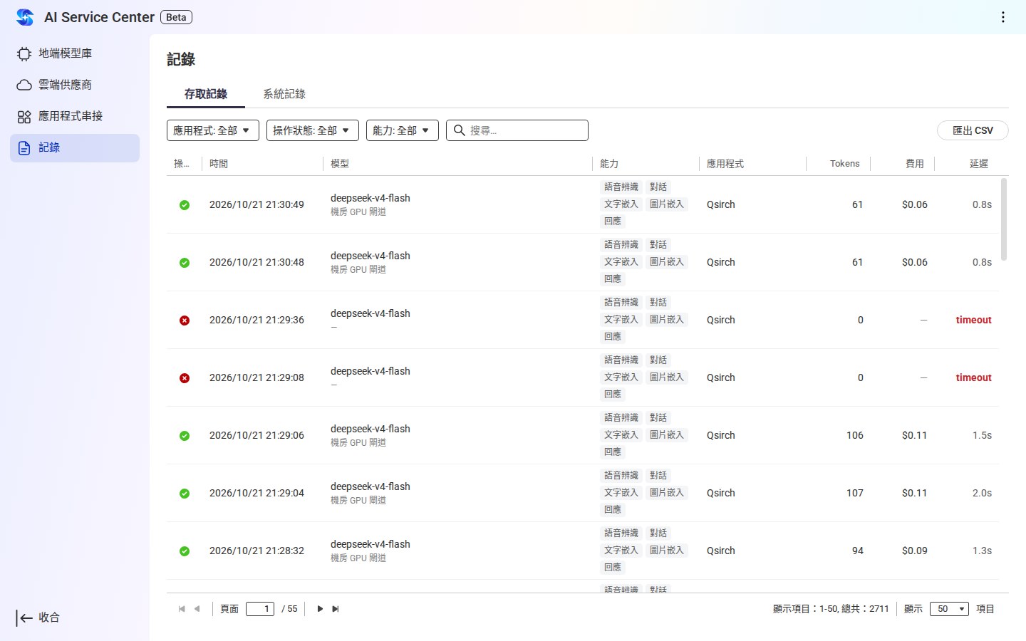 存取記錄，雲端呼叫逐筆列出 Token 與估計費用（供應商名稱已改寫）