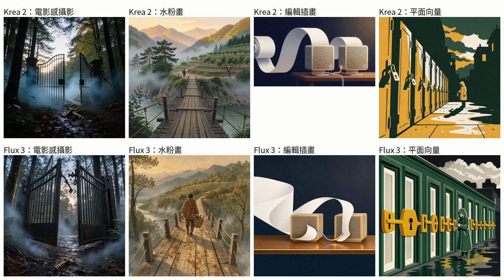 同一段 prompt 下 Krea 2 與 FLUX 3 Klein 的封面對照
