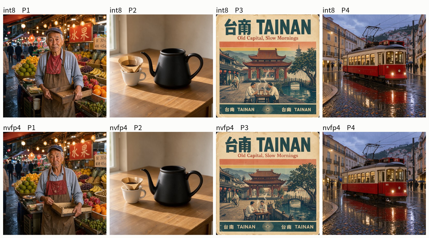 int8 與 nvfp4 同一段描述、同一個種子的出圖對照