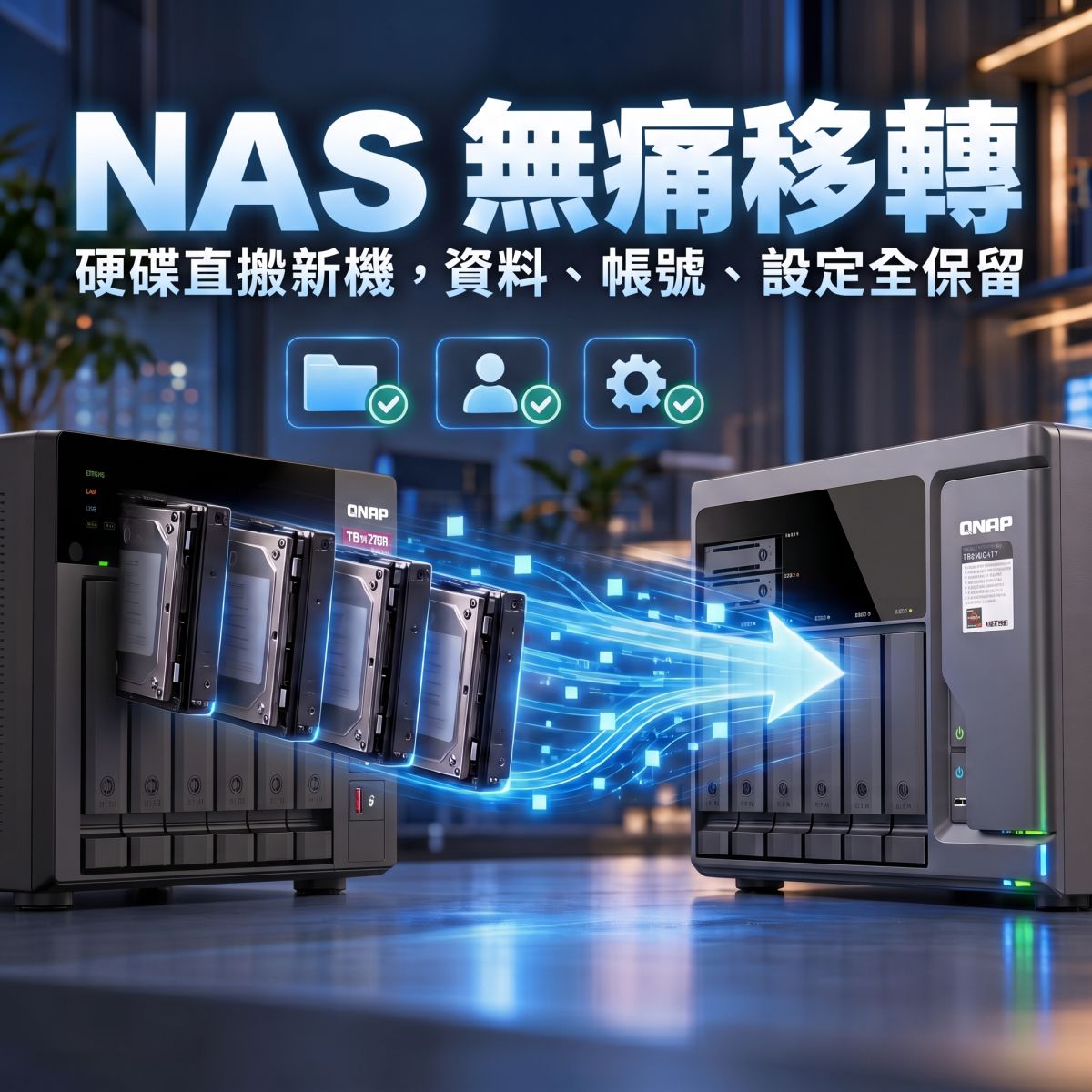 將舊 NAS 上的硬碟無痛移轉到新 NAS，資料、帳號與設定全保留
