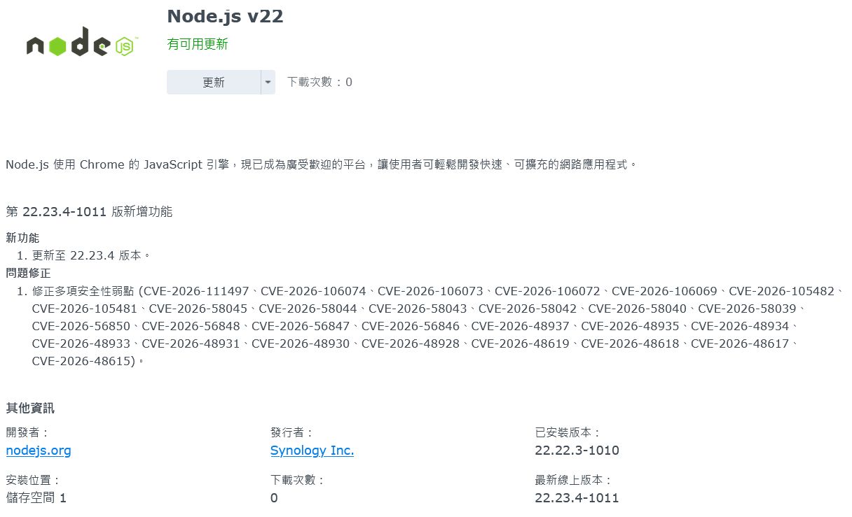 套件中心顯示 Node.js v22 有可用更新