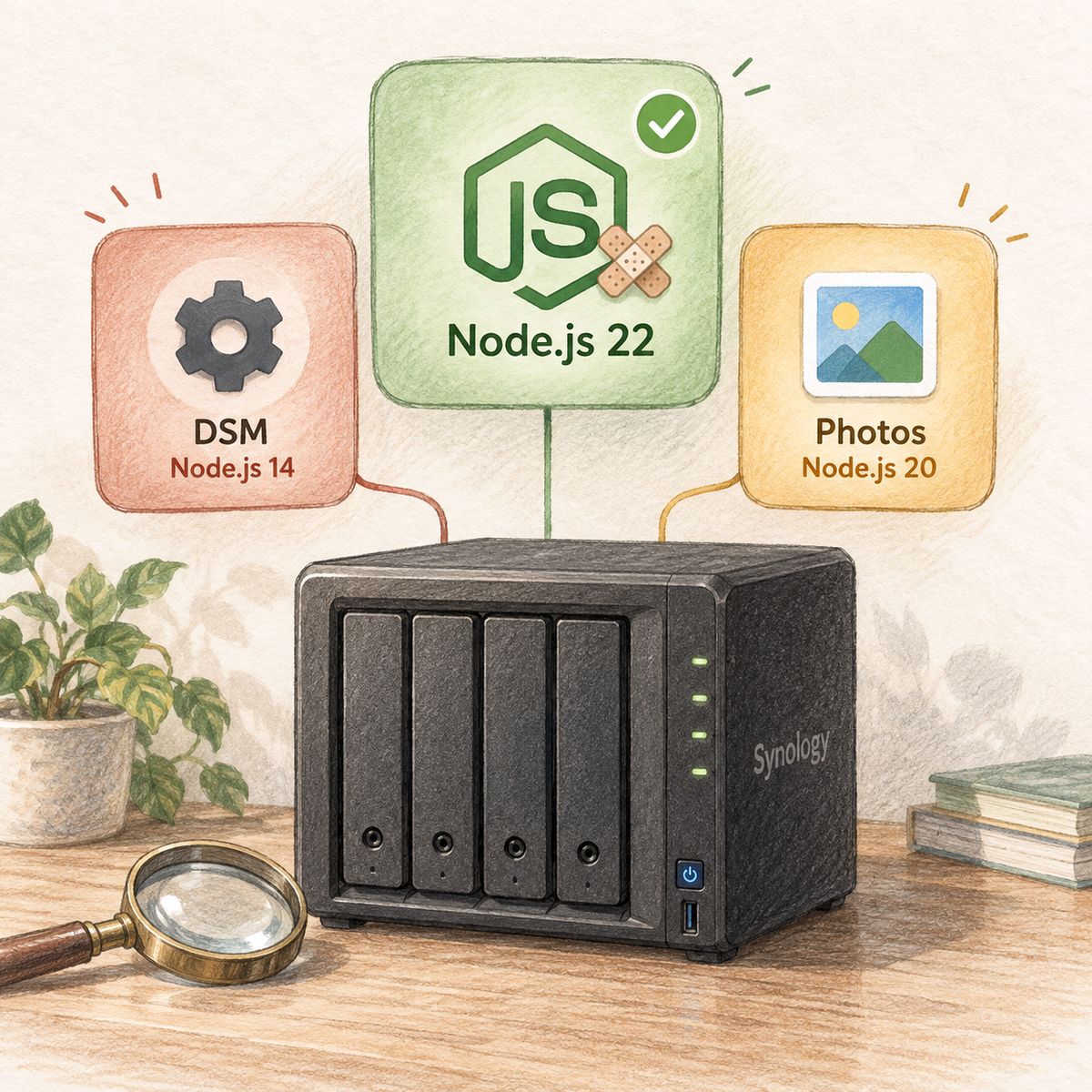 Synology Node.js 更新實測：v22 補上 28 個 CVE，Photos 與 DSM 仍用已終止支援版本
