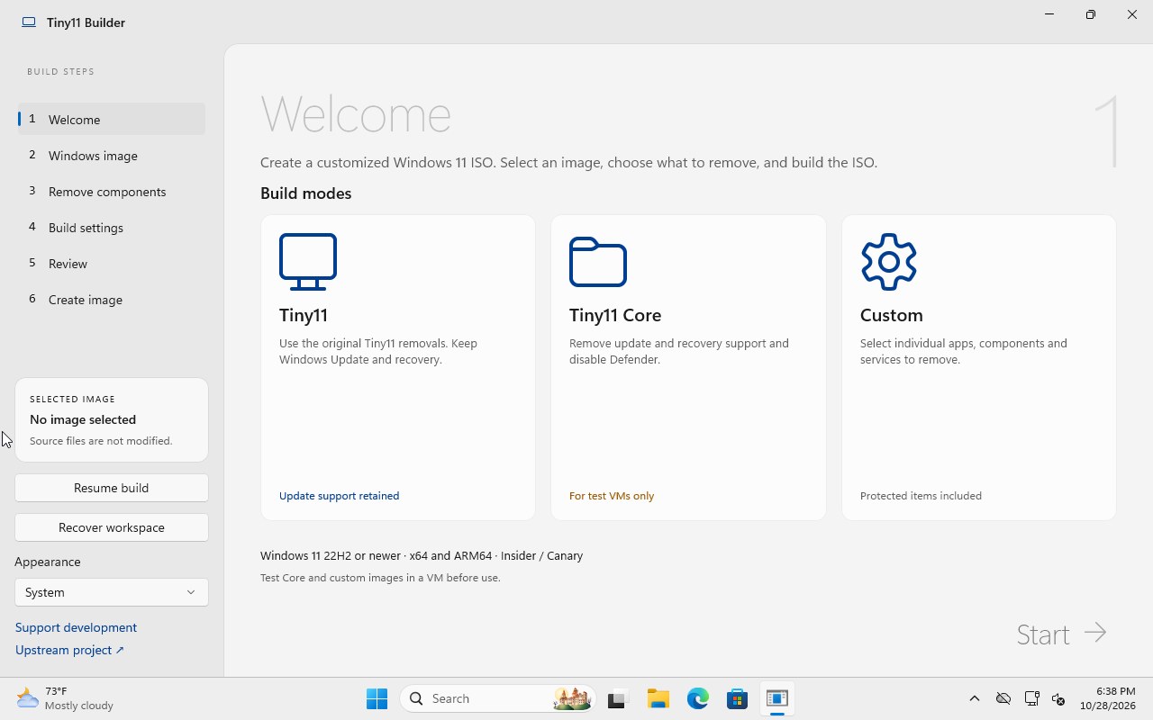 tiny11builder WinUI 版的起始畫面