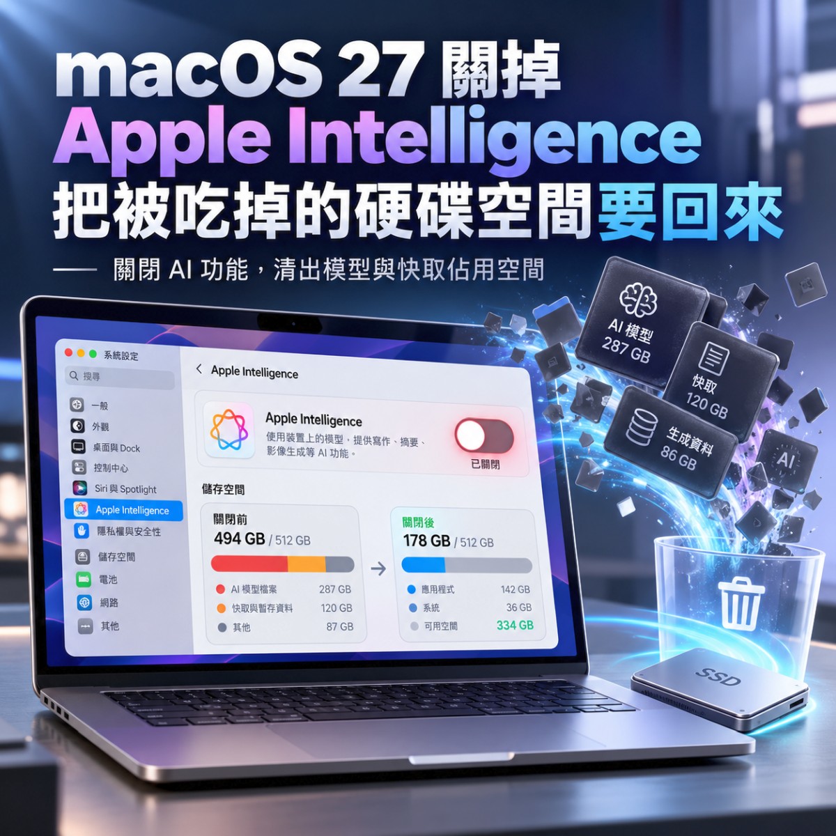 macOS 27 關掉 Apple Intelligence，把被吃掉的硬碟空間要回來